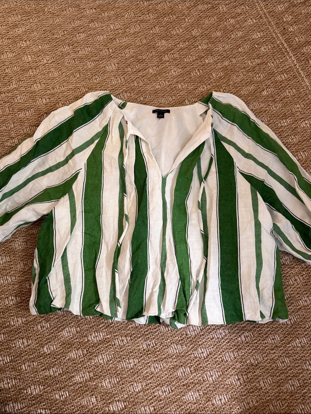 Ann Taylor Green and White Striped V-Neck Blouse